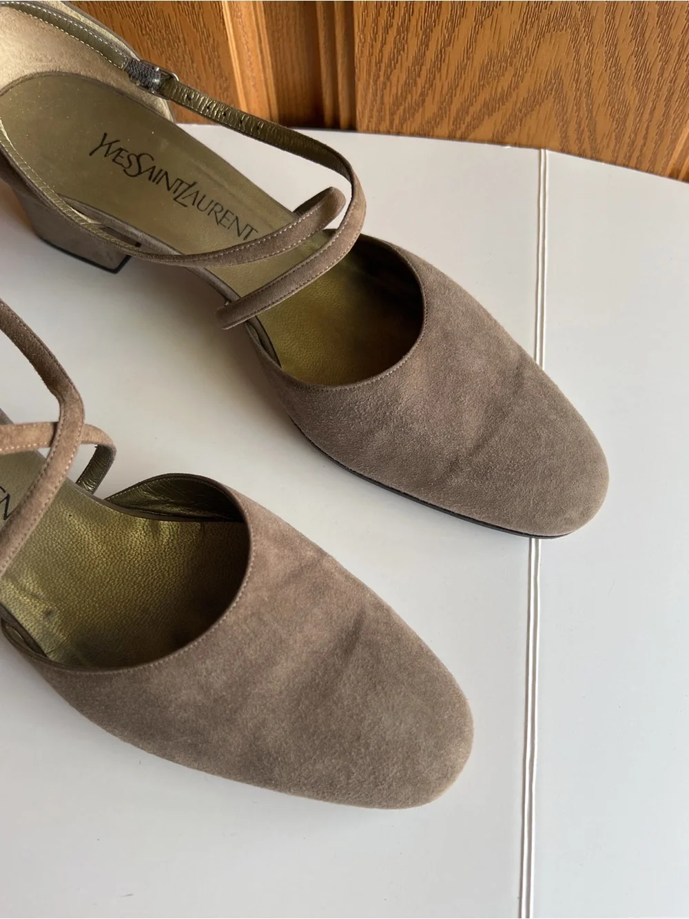 Vintage Yves Saint Laurent Taupe Suede D'Orsay Cross Strap Pumps Size 10M
